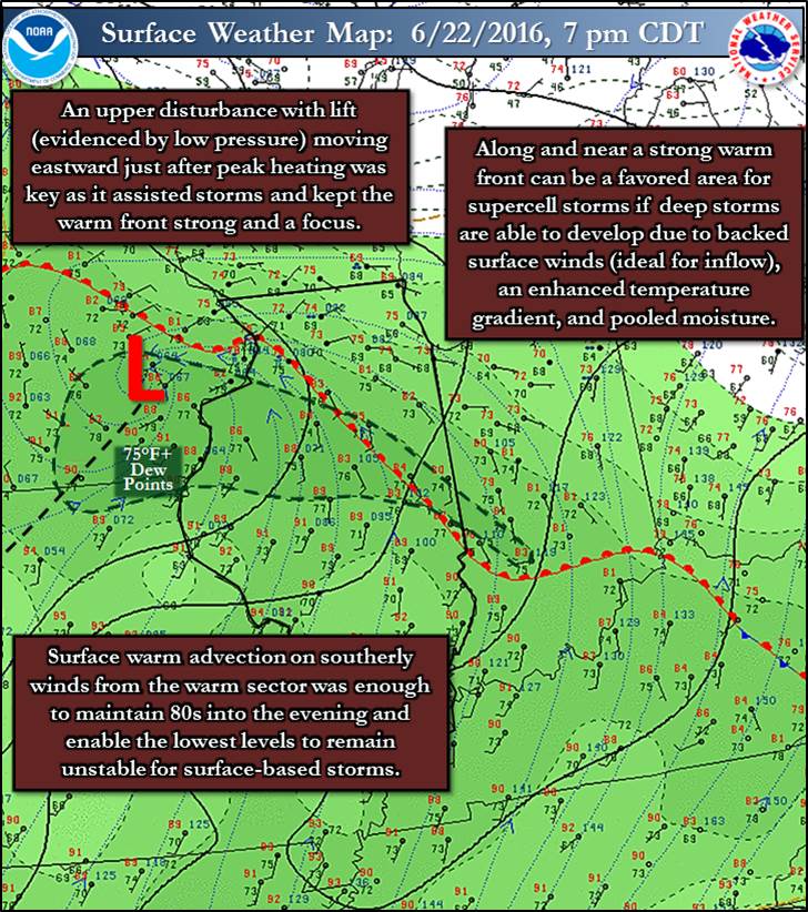 Map showing surface weather conditions on June 22 2016 at 7:00 PM