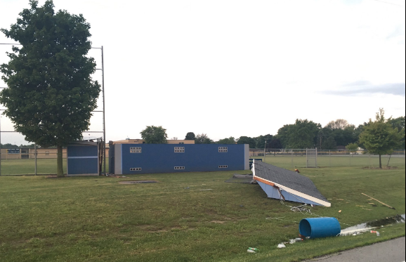 Photo showing damage to a ballfield from the Cissna Park tornado