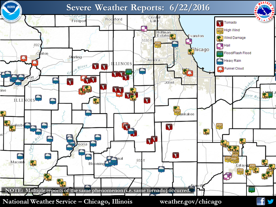 Map showing storm reports received by the NWS on June 22 2016