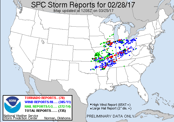 Maps showing severe weather reports from February 28 2017