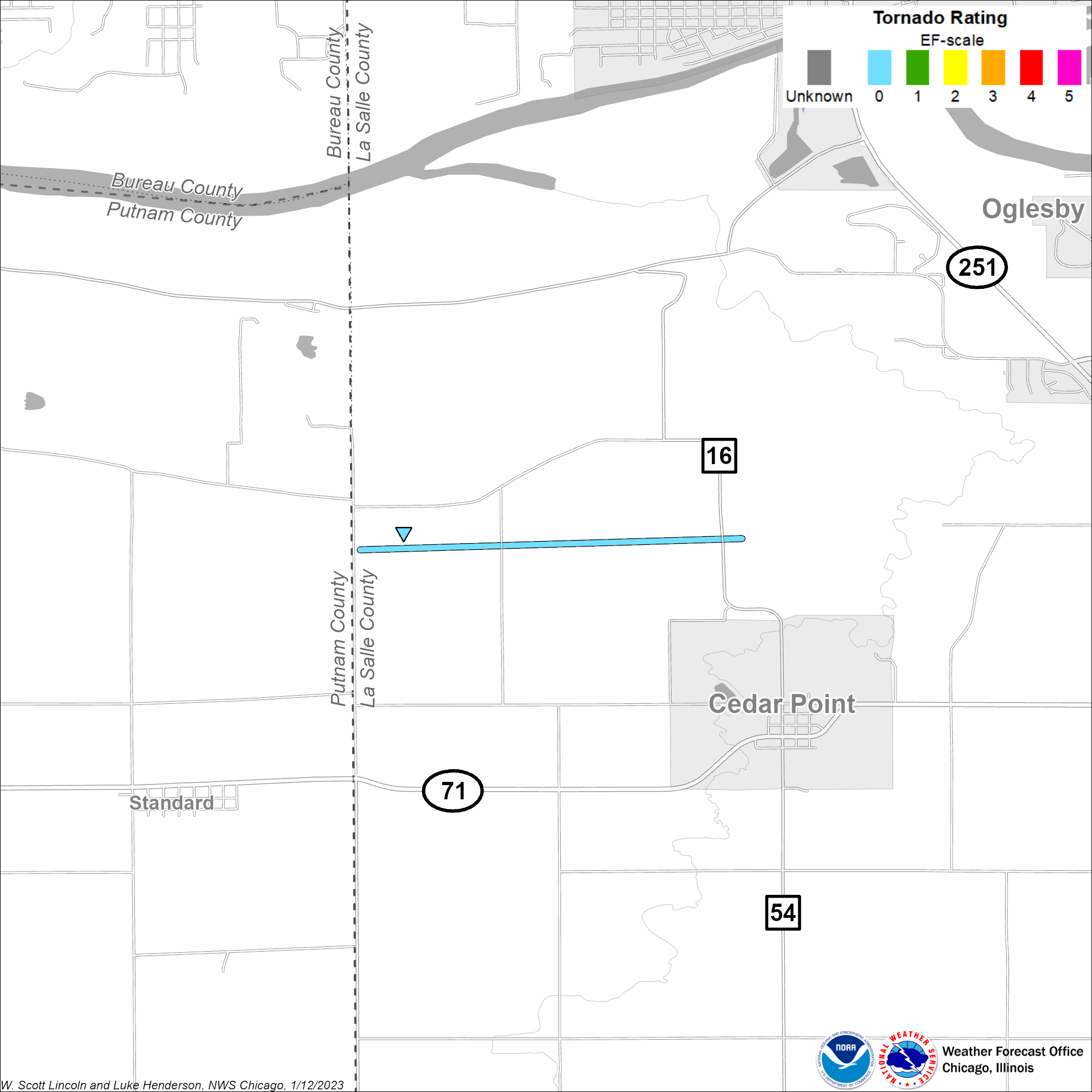 Map showing track of the Cedar Point tornado
