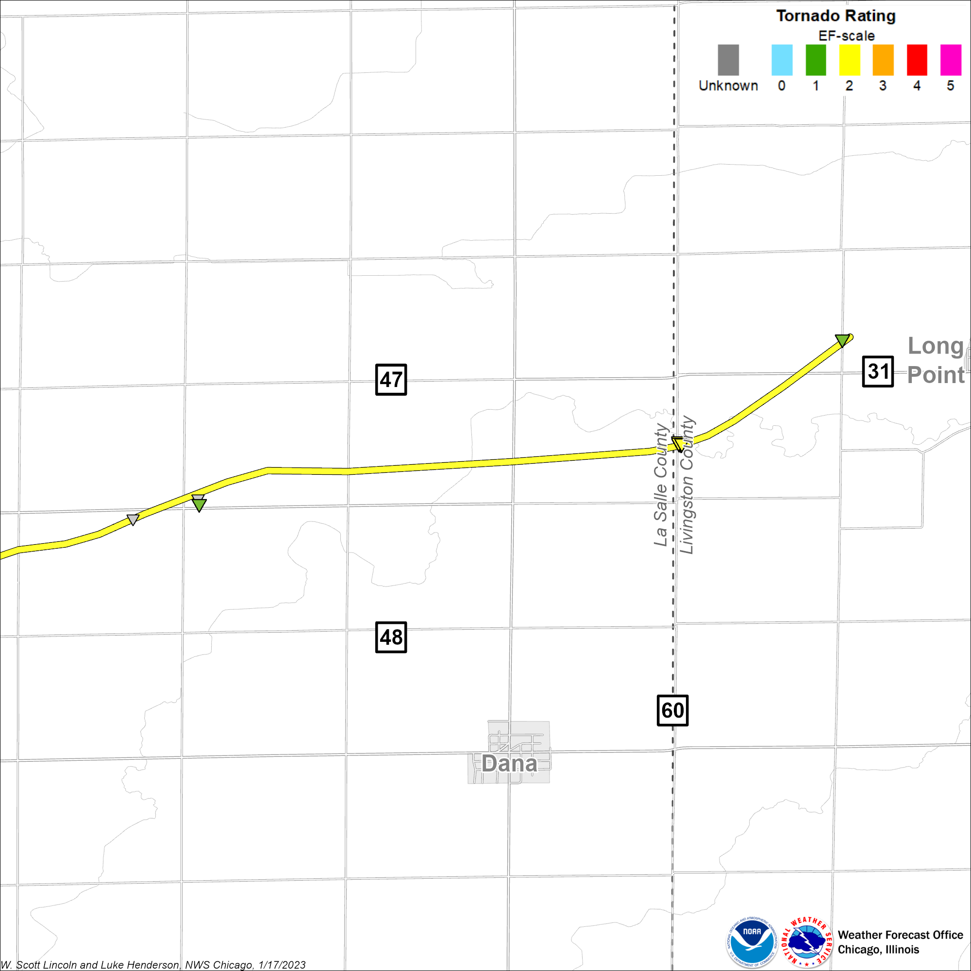 Map showing the track of the Dana - Long Point tornado