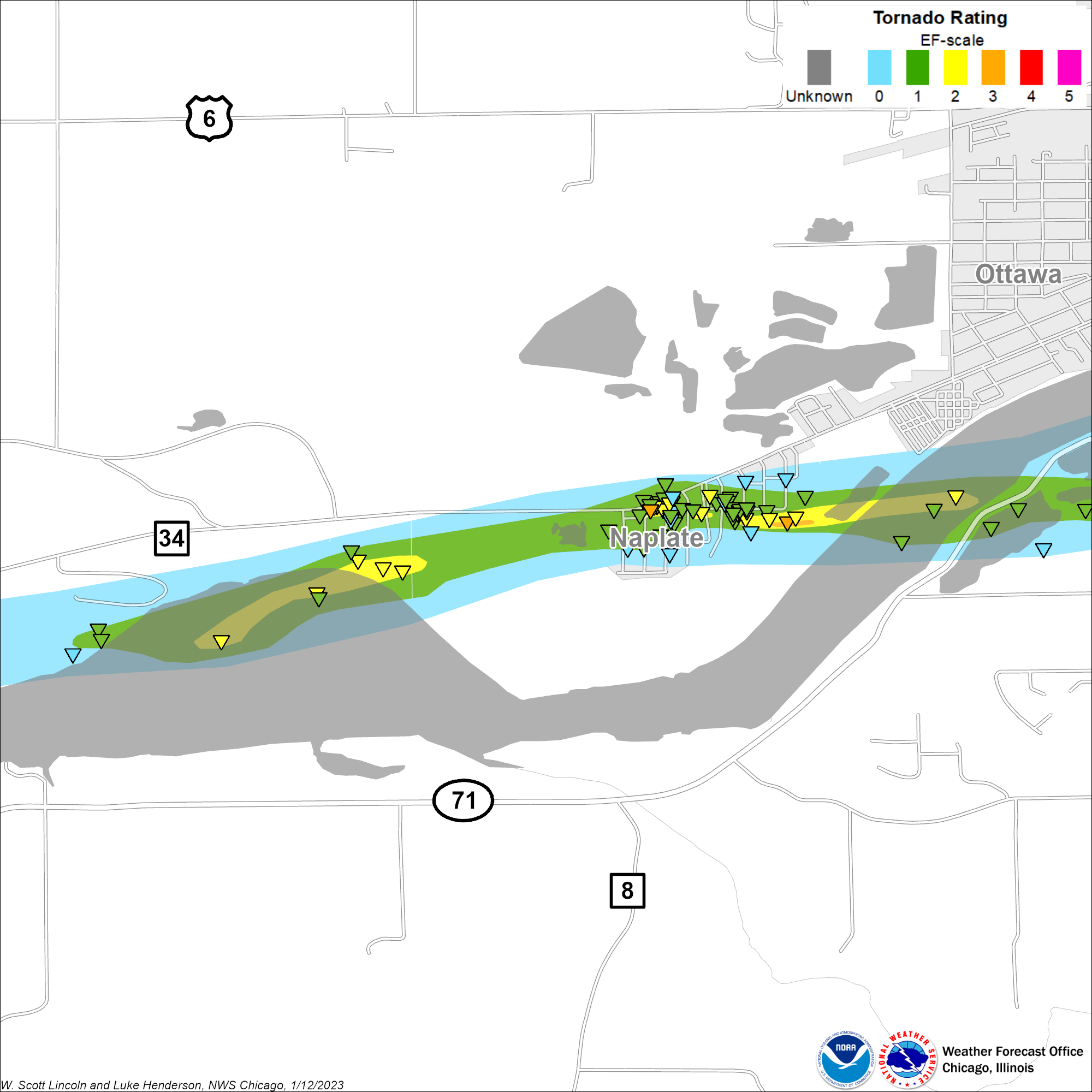 Map showing track of the Naplate-Ottawa tornado, zoomed in to the Naplate area