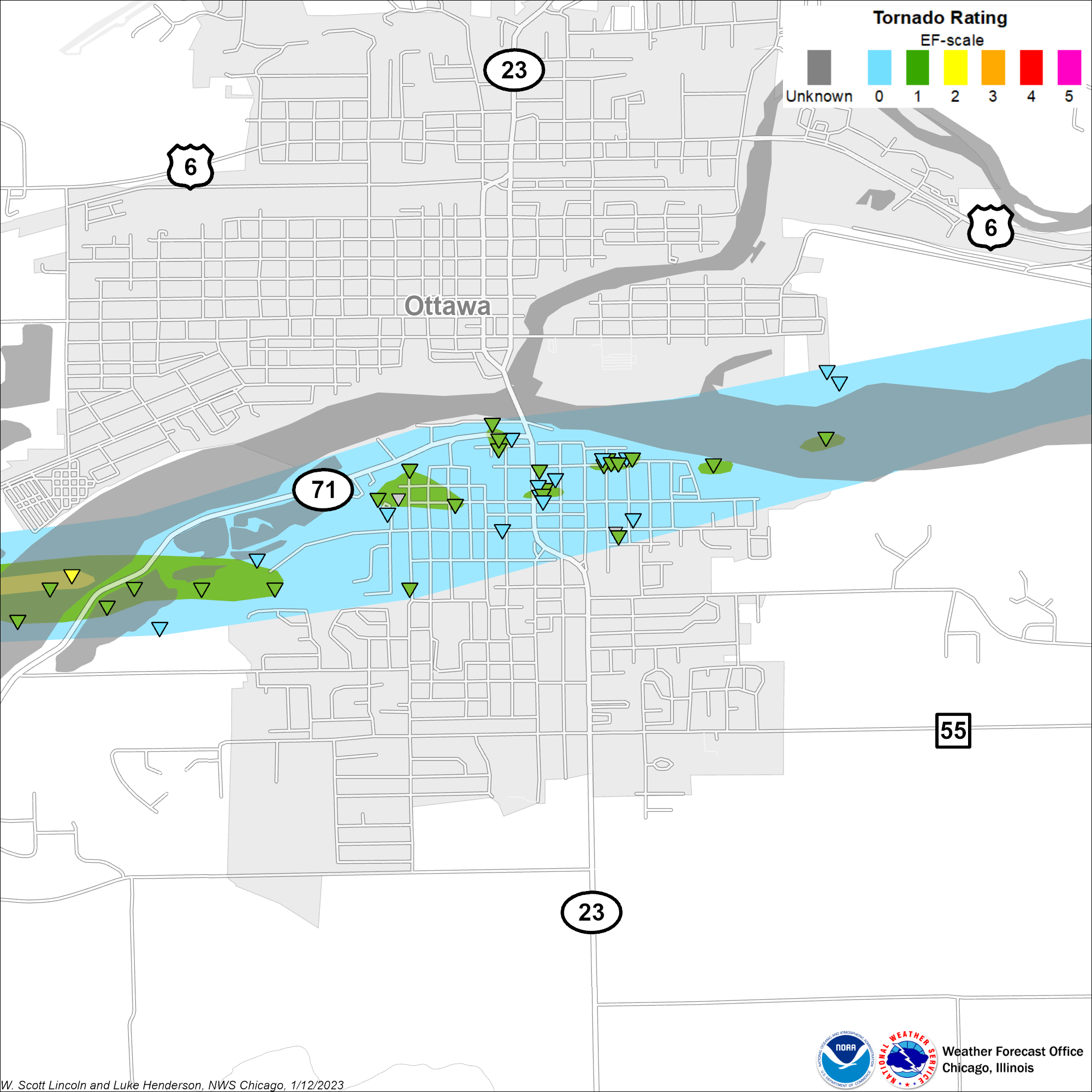 Map showing track of the Naplate-Ottawa tornado, zoomed in to the Ottawa area