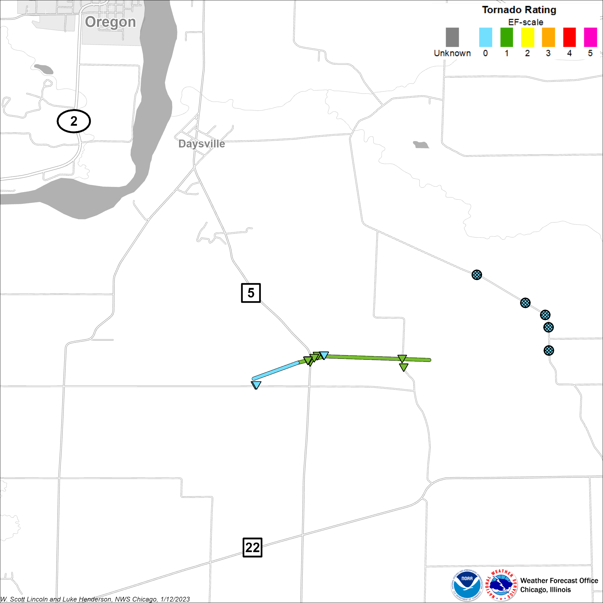 Map showing the track of the Oregon tornado