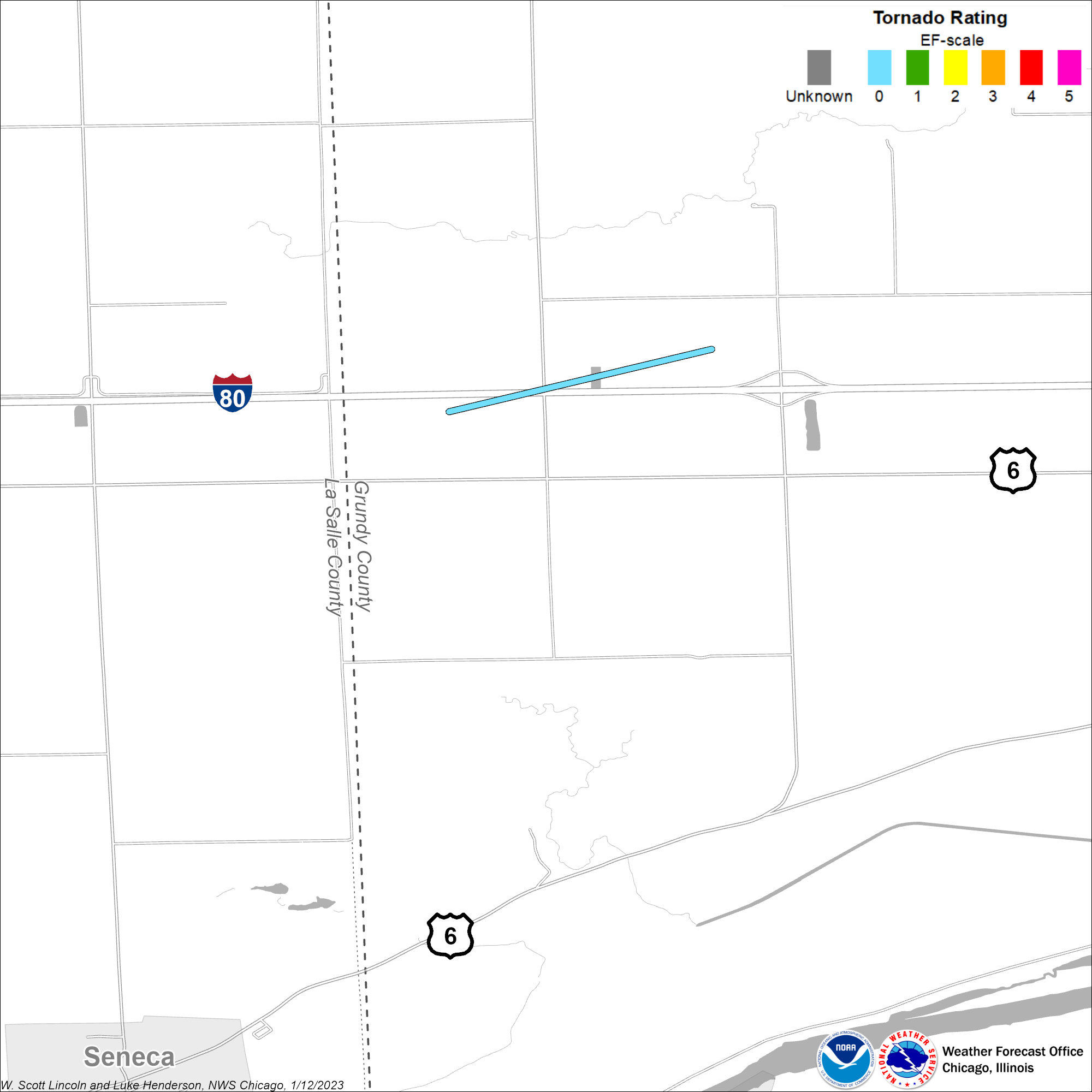 Map showing the track of the Seneca tornado