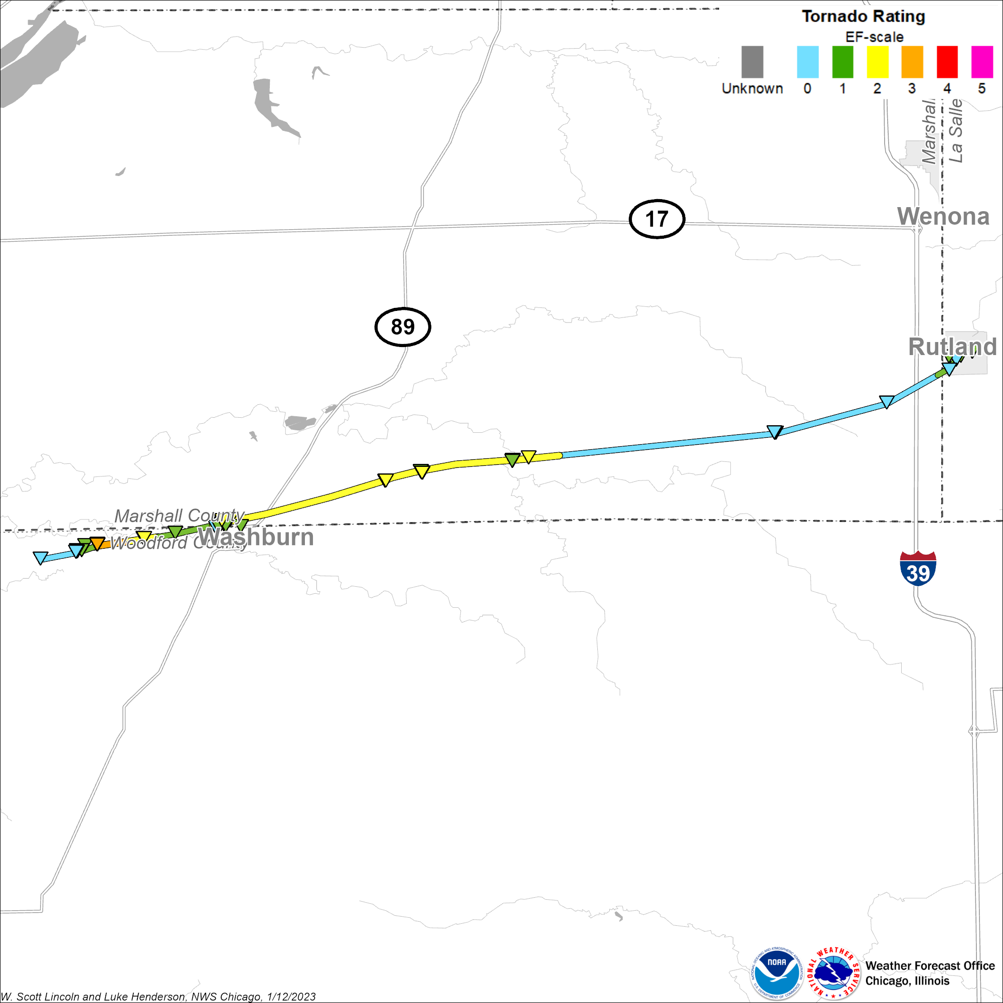 Map showing the track of the Washburn-Rutland tornado