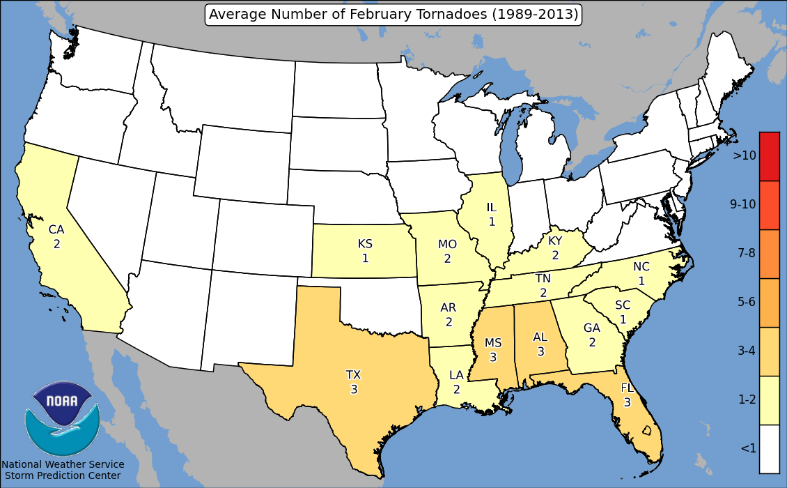 Map showing average number of tornadoes in February by state