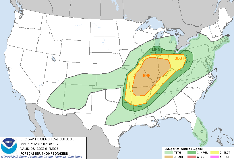 Map showing severe weather outlook for February 28, 2017, the morning of the event