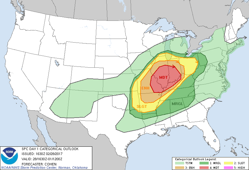 Map showing severe weather outlook for February 28, 2017, issued around midday