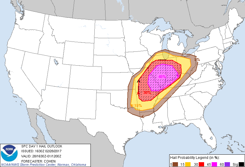 Map showing hail outlook for February 28, 2017, issued around midday
