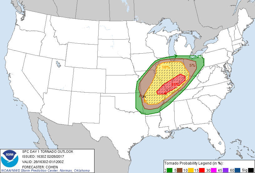 Map showing tornado outlook for February 28, 2017, issued around midday