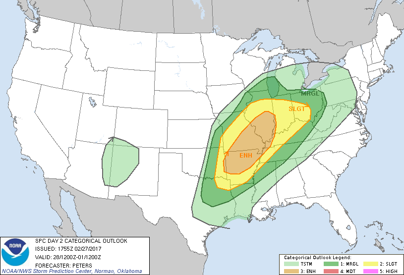 Map showing severe weather outlook for February 28, 2017, 2 days in advance
