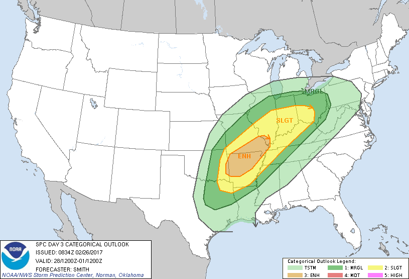 Map showing severe weather outlook for February 28, 2017, 3 days in advance