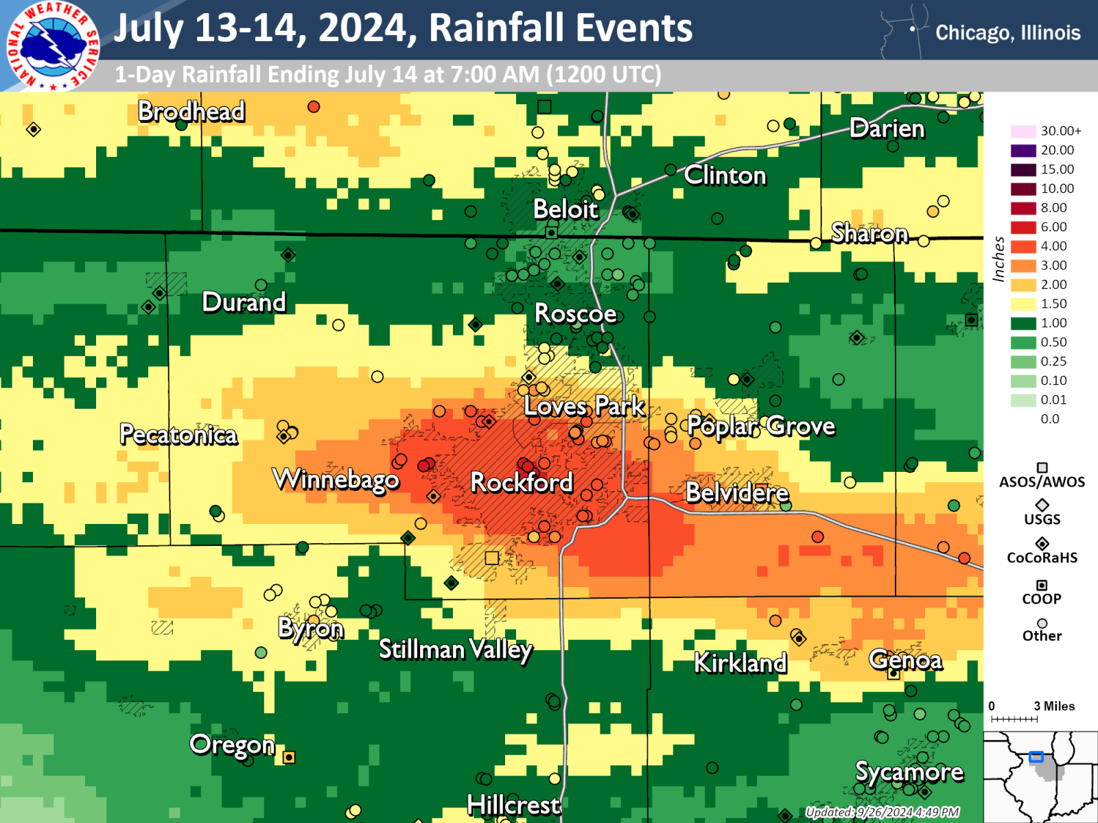 Map showing bias corrected rainfall for the Rockford area on the night of July 13-14, 2024.