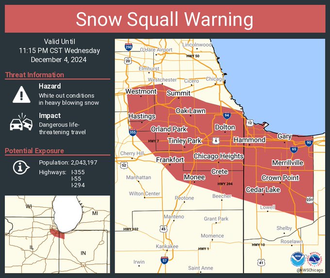 Snow Squall Warning issued at 10:19 PM for portions of Cook, Will, DuPage, and Lake IN Counties on Wednesday 12/4