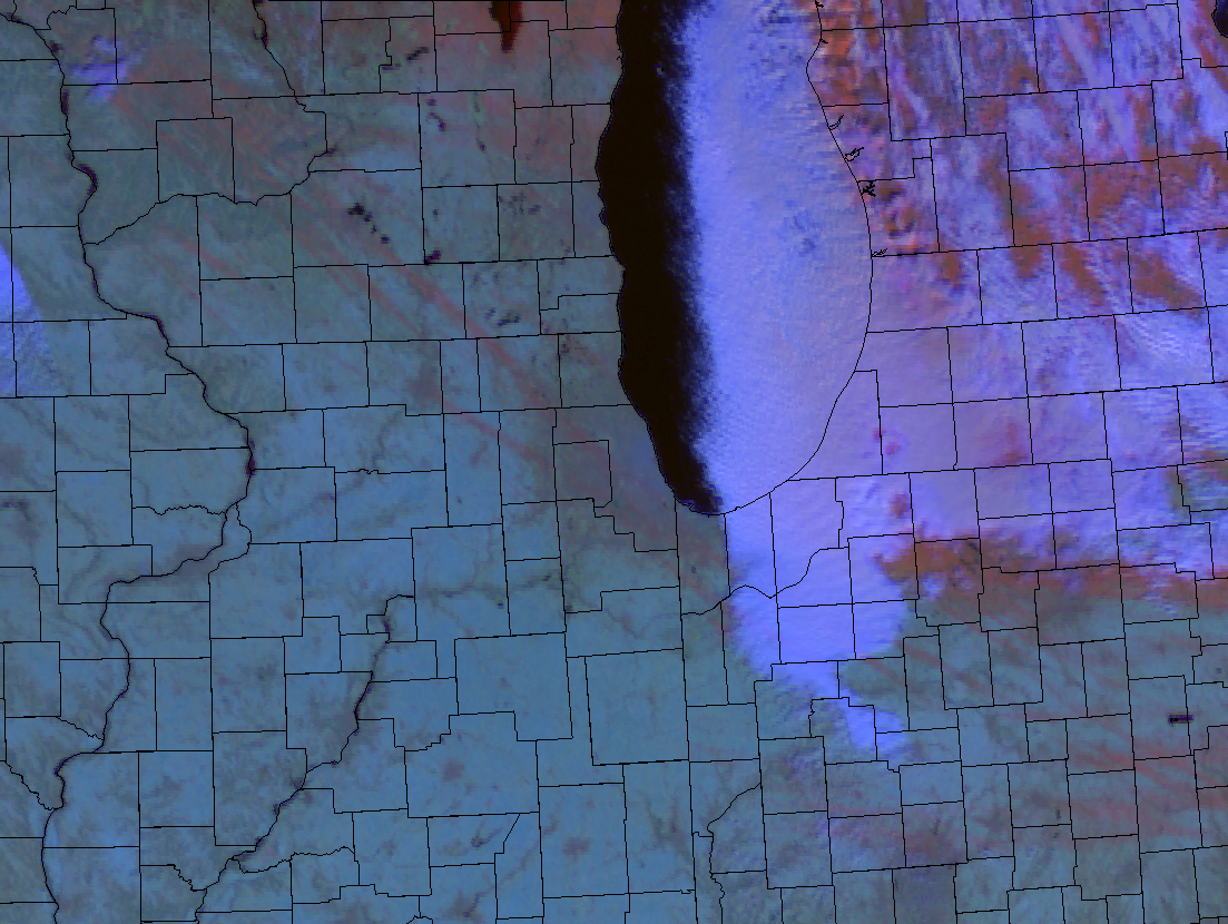 Day-Snow-Fog Satellite Image showing the snow streaks across northern IL and northwest IN