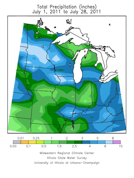 Rainfall totals from July 1st to July 28th, 2011