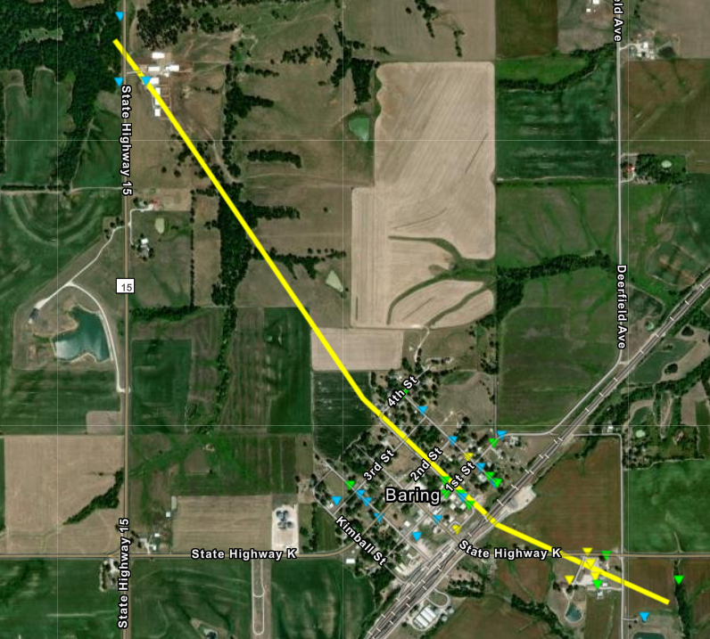 Satellite picture with track of Baring Missouri tornado overlaid on it.