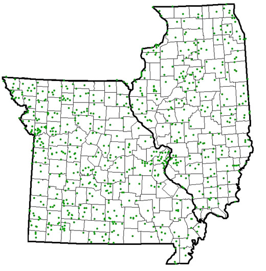 Map of Missouri and Illinois with green dots plotted to show significant hail reports by county.
