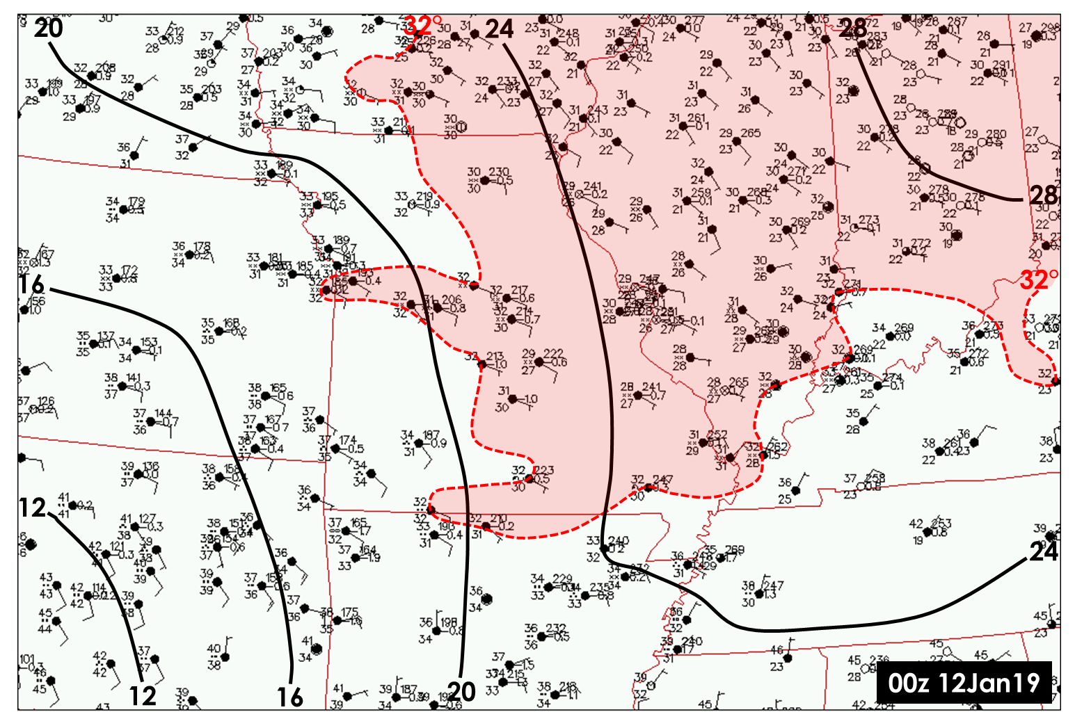 Surface map plot at 6PM (00z) on January 11, 2019.