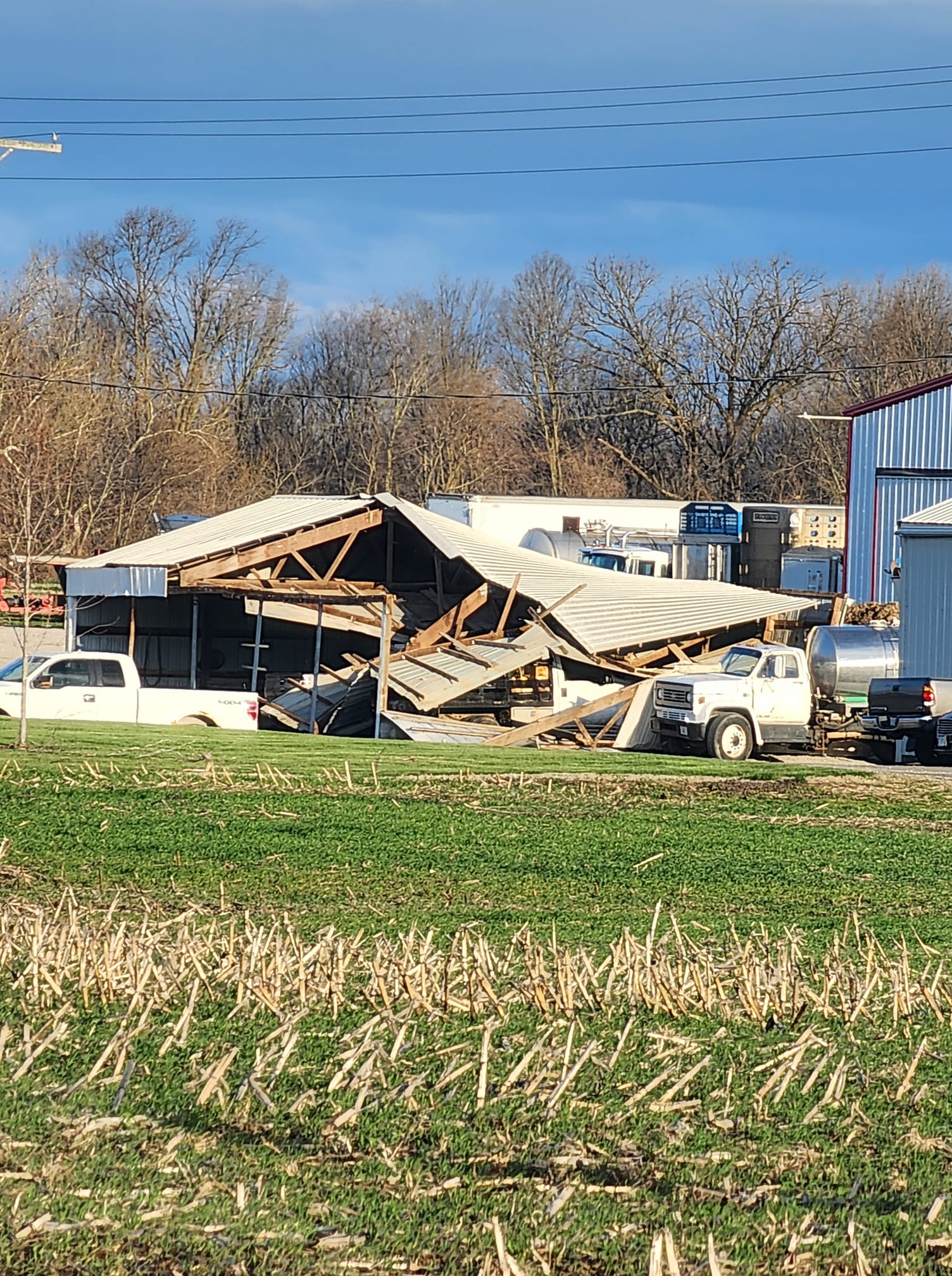 An outbuilding heavily damaged by straight-line winds on Fields Dr. in Moro, IL. (Tim Bertels)