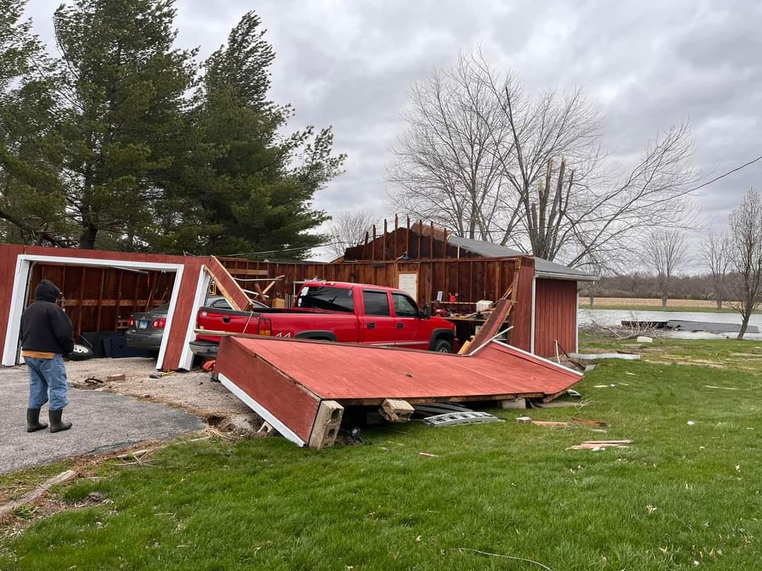 A garage was damaged by straight-line winds in Prairietown, IL. (Amy Roe)