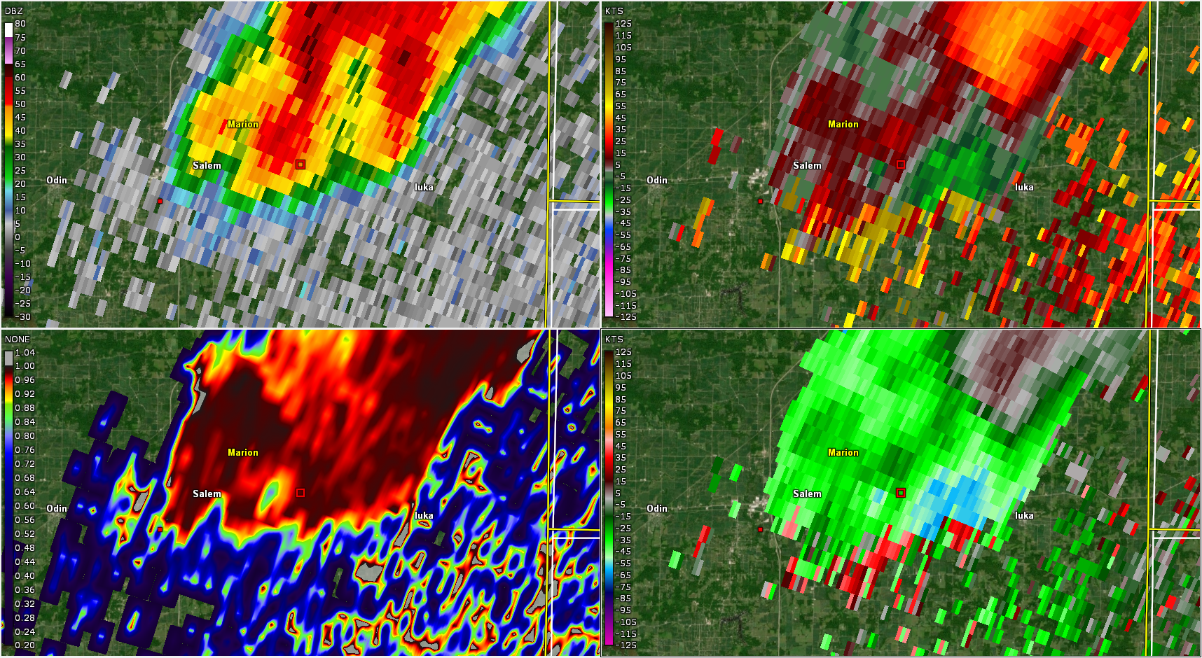 4-Panel Radar Image from KVWX in Evansville, IN at 818 pm, as a tornado crossed US Route 50 in Salem Illinois. Products are from half degree elevation slice.