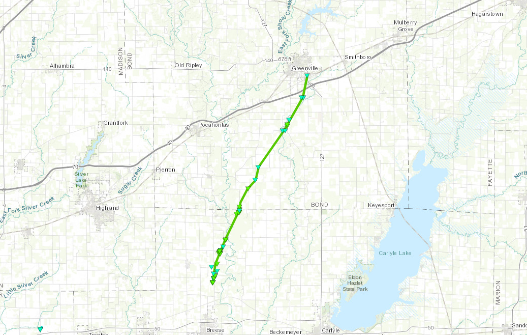 Map of Greenville, IL tornado track