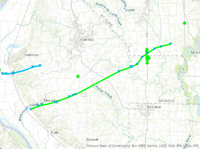 Map of Maeystown, IL to Hecker, IL tornado track