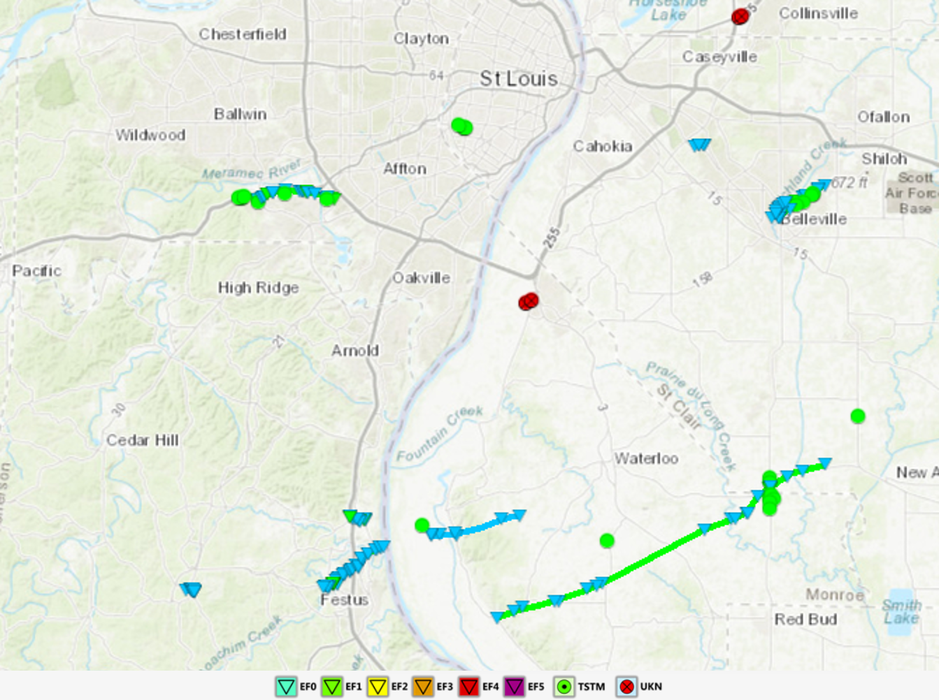 Map depicting all of the tornado tracks as well as damaging wind reports.