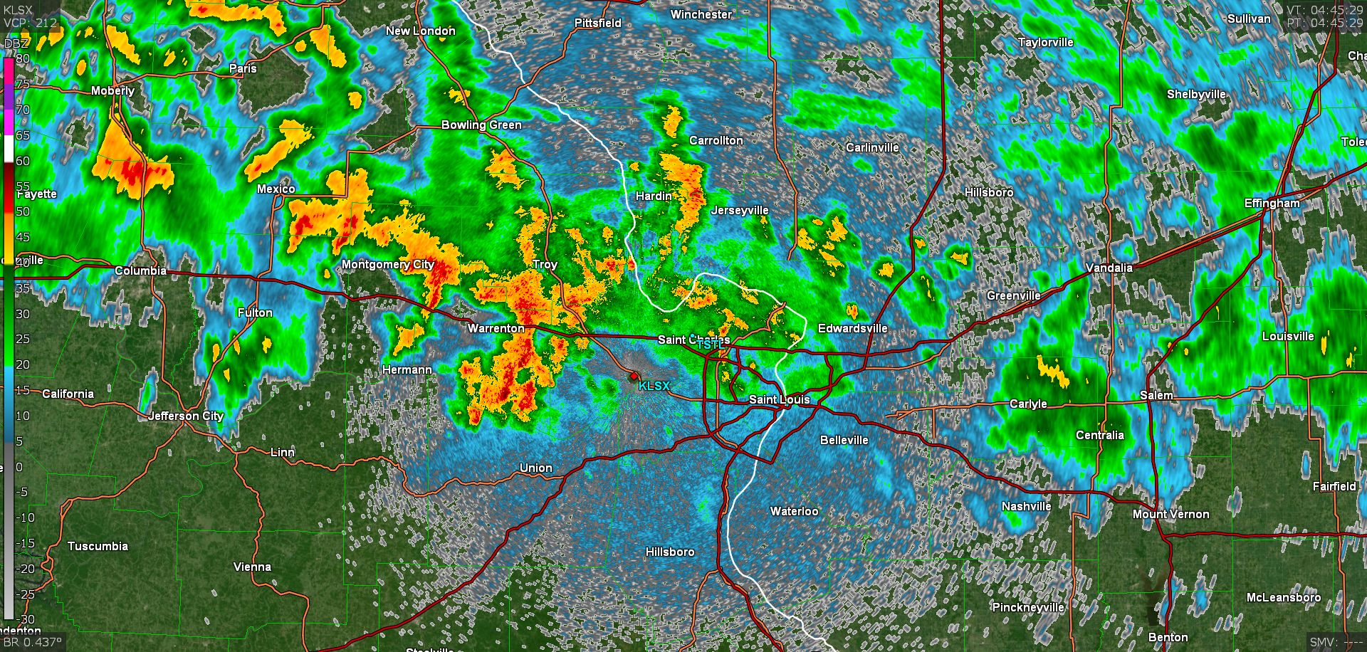 Image of radar reflectivity from KLSX in St. Louis valid at 11:45pm July 25th.