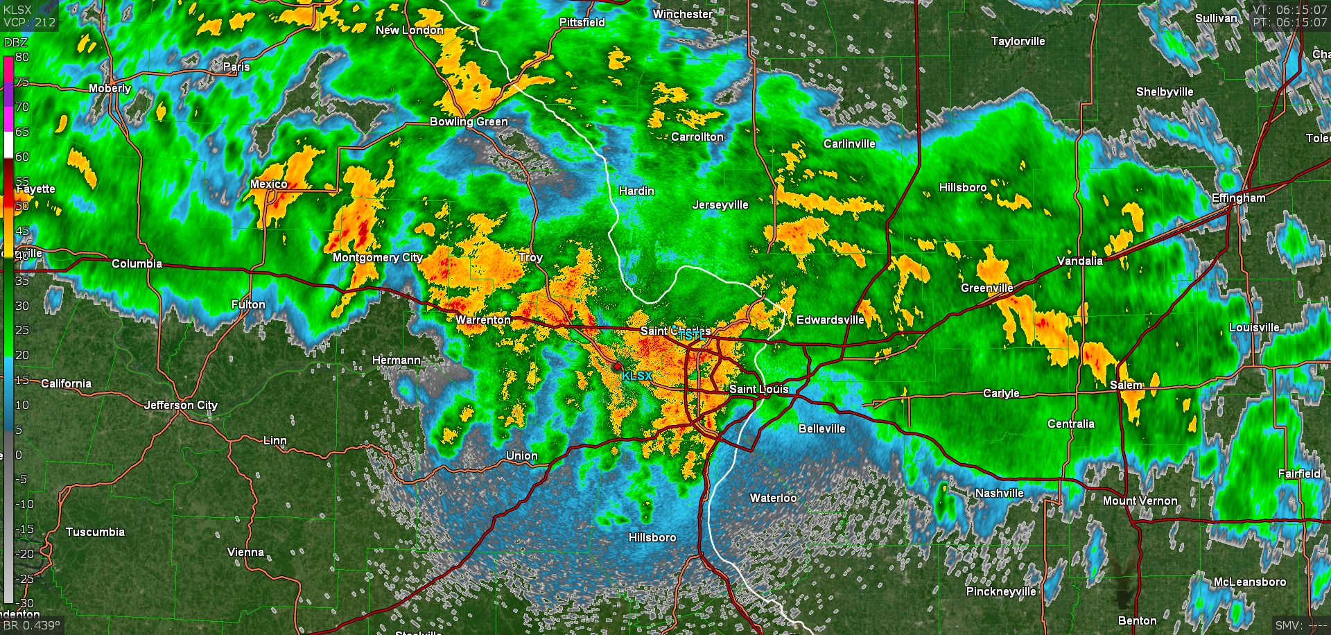 Image of radar reflectivity from KLSX in St. Louis valid at 1:45am July 26th.