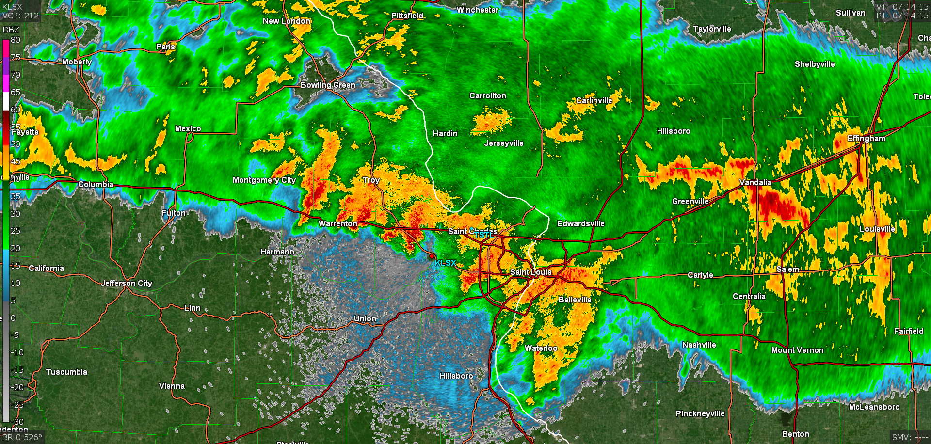 Image of radar reflectivity from KLSX in St. Louis valid at 2:14am July 26th.