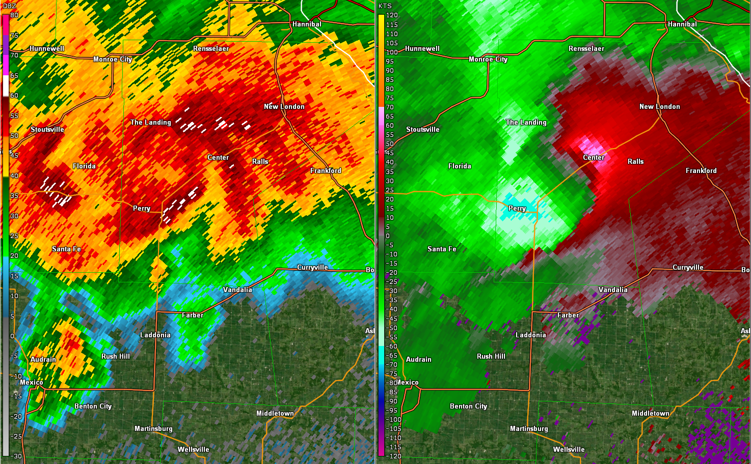 Two panel radar image of strong winds passing through Perry, MO.