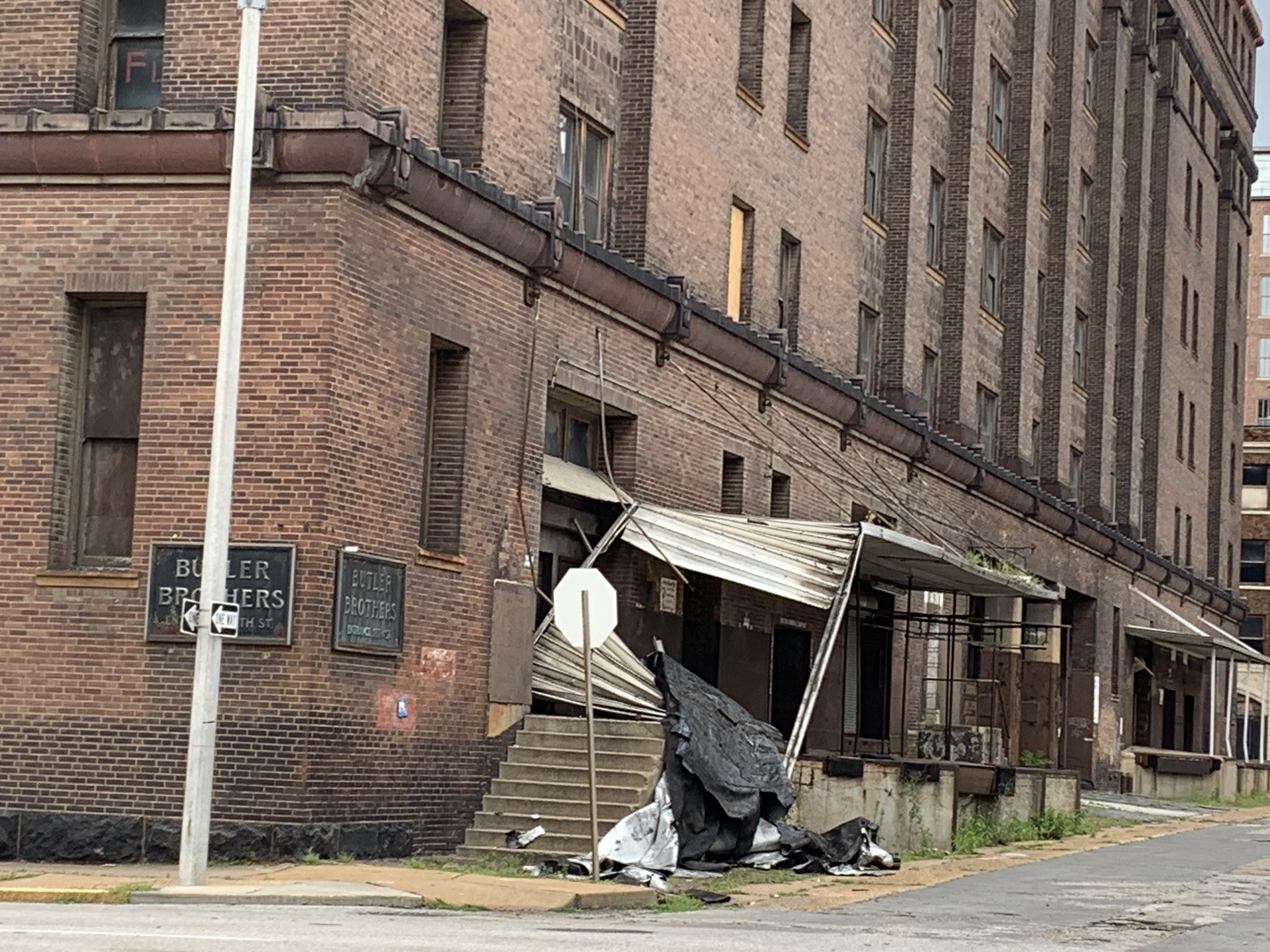 Photo of wind damage in downtown St. Louis.