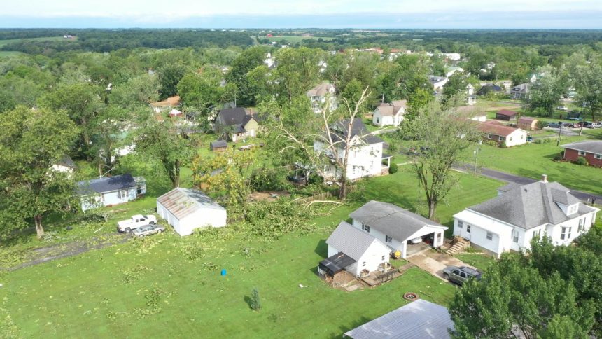 Areal photo of wind damage in Perry, MO.