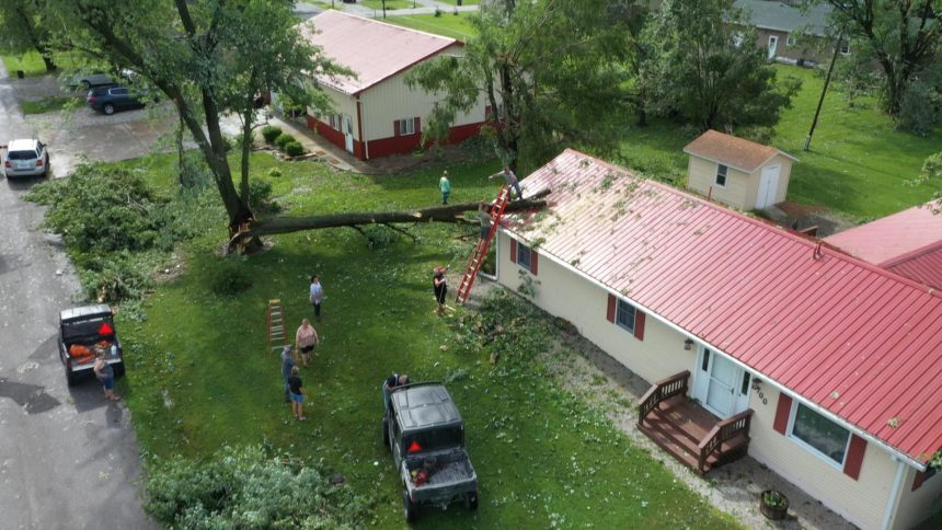 Areal view of a large tree blown over onto a building causing minor roof damage in Perry, MO.