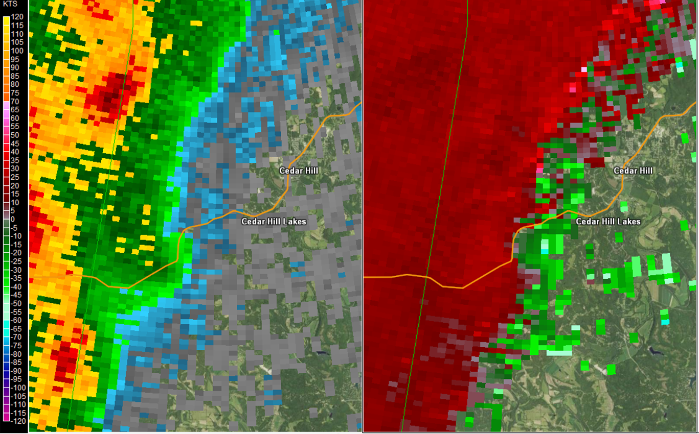 Two panel radar picture of the Dittmer, MO tornado, reflectivity and storm relative velocity.
