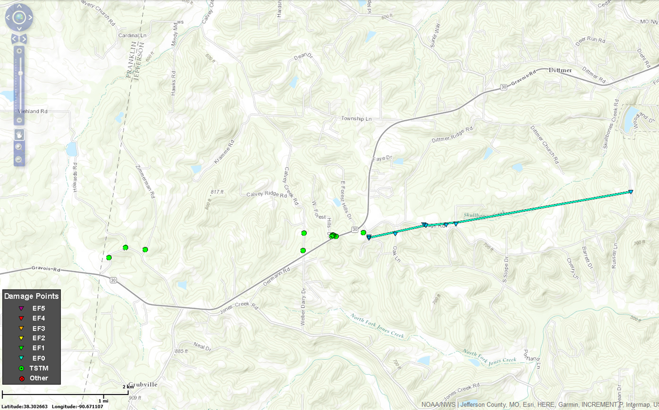 Map of the Dittmer, MO tornado track on March 7th, 2017.