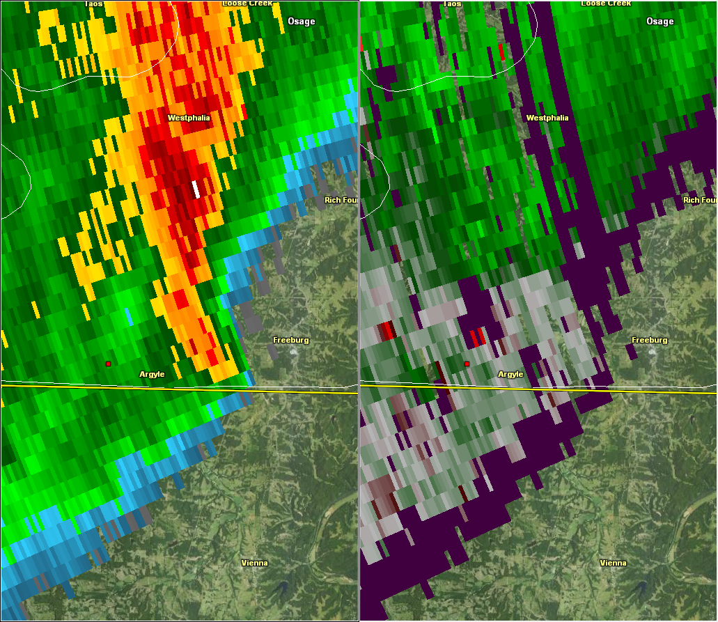 Two panel radar picture of the Argyle-Freeburg tornado, reflectivity and storm relative velocity.