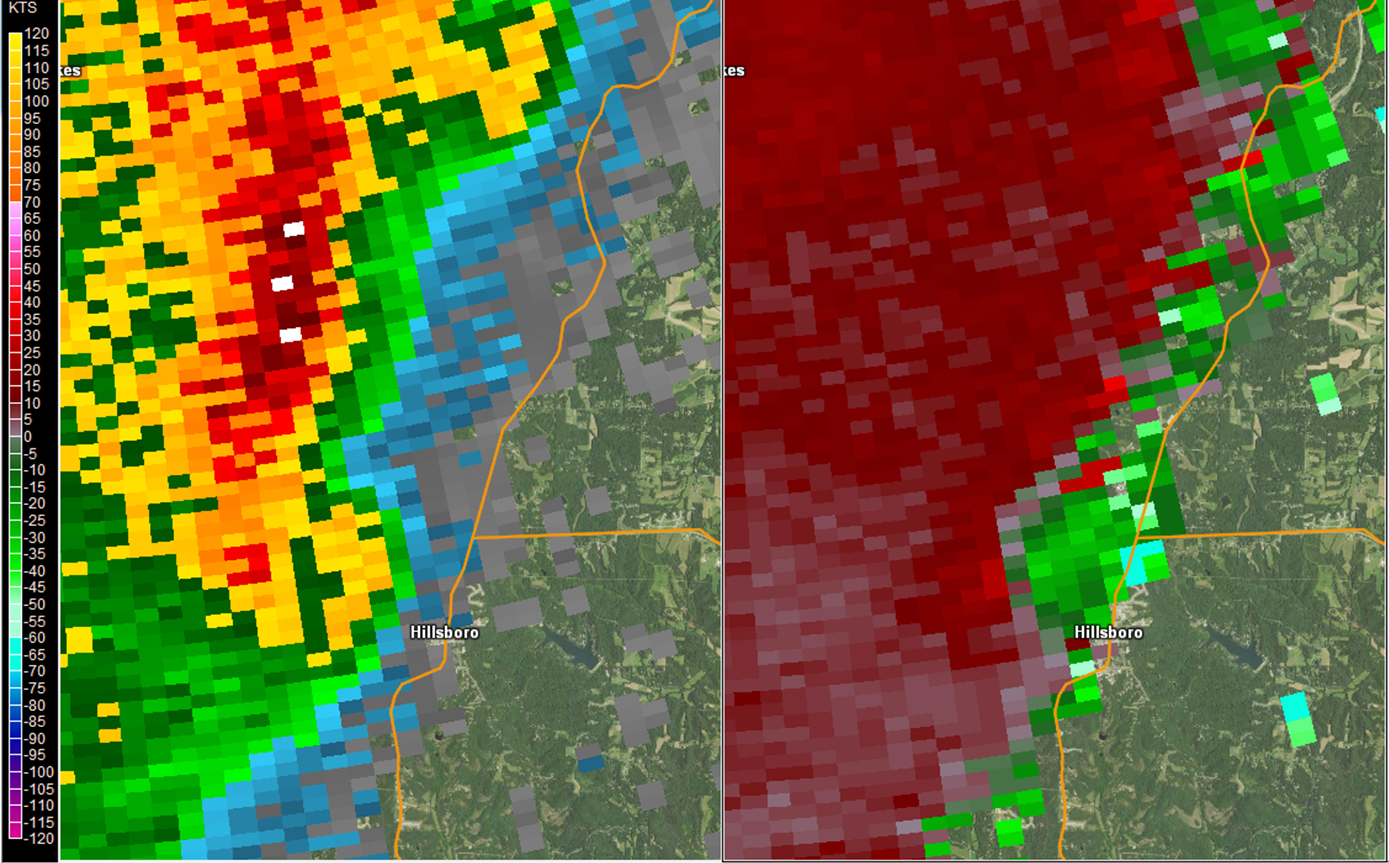 Two panel radar picture of the Hillsboro, MO tornado, reflectivity and storm relative velocity.
