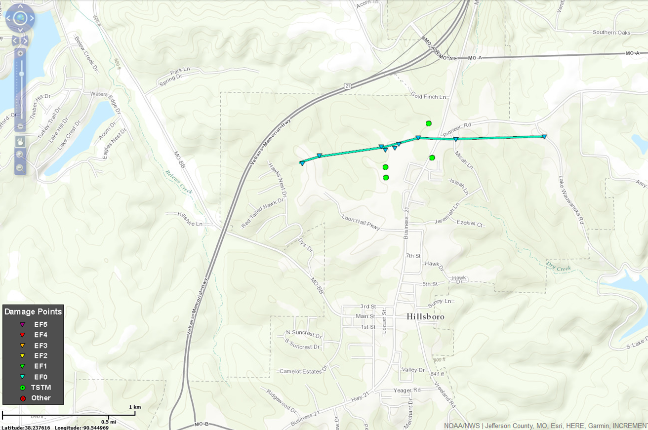 Map of the Hillsboro, MO tornado track on March 7th, 2017.