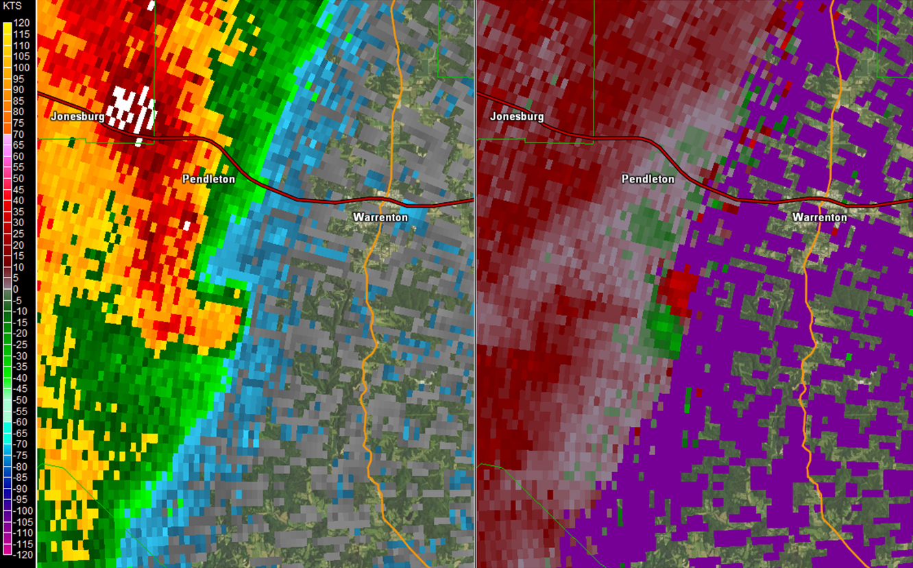 Two panel radar picture of the Rhineland to 2SSE Warrenton tornado, reflectivity and storm relative velocity.