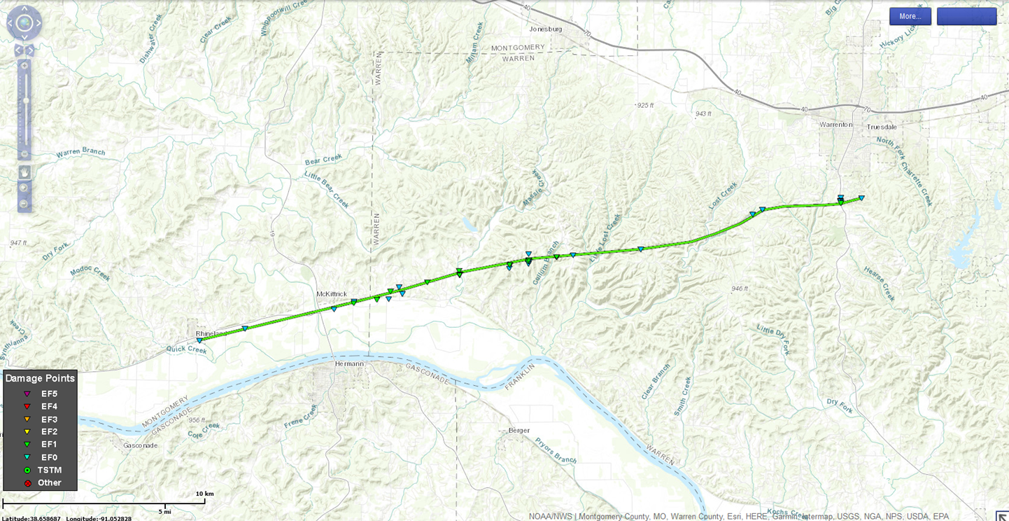 Map of tornado track from Rhineland to 2 miles south southeast of Warrenton, MO on March 6th, 2017.
