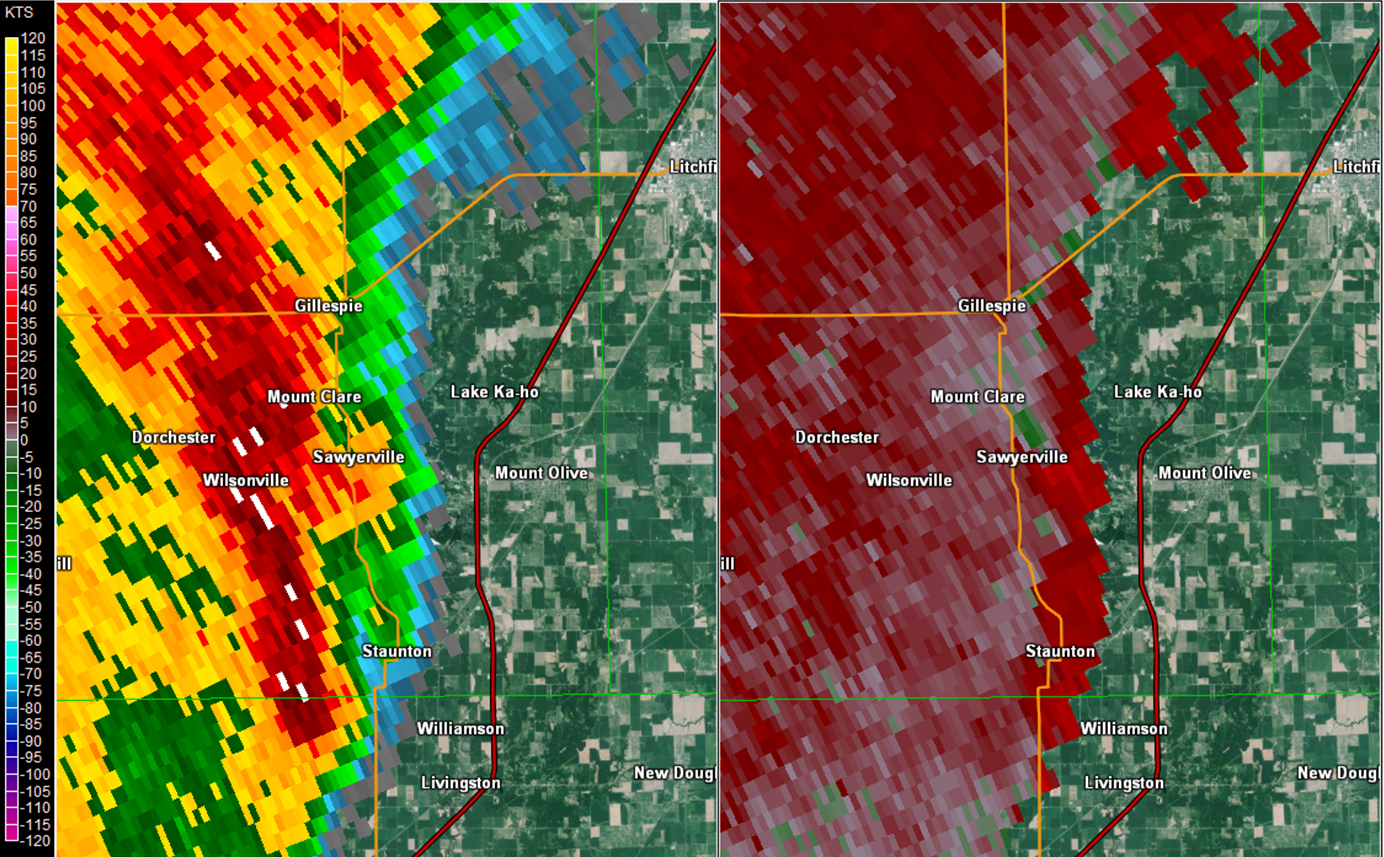 Two panel radar picture of the Sawyerville-Benld, IL tornado, reflectivity and storm relative velocity.