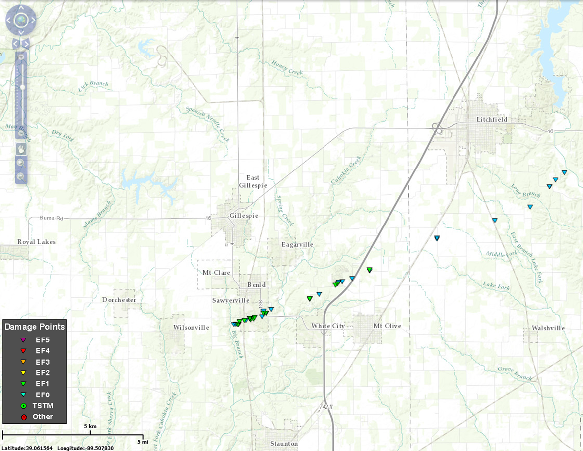 Map of the Sawyerville-Benld, IL tornado track on March 7th, 2017.