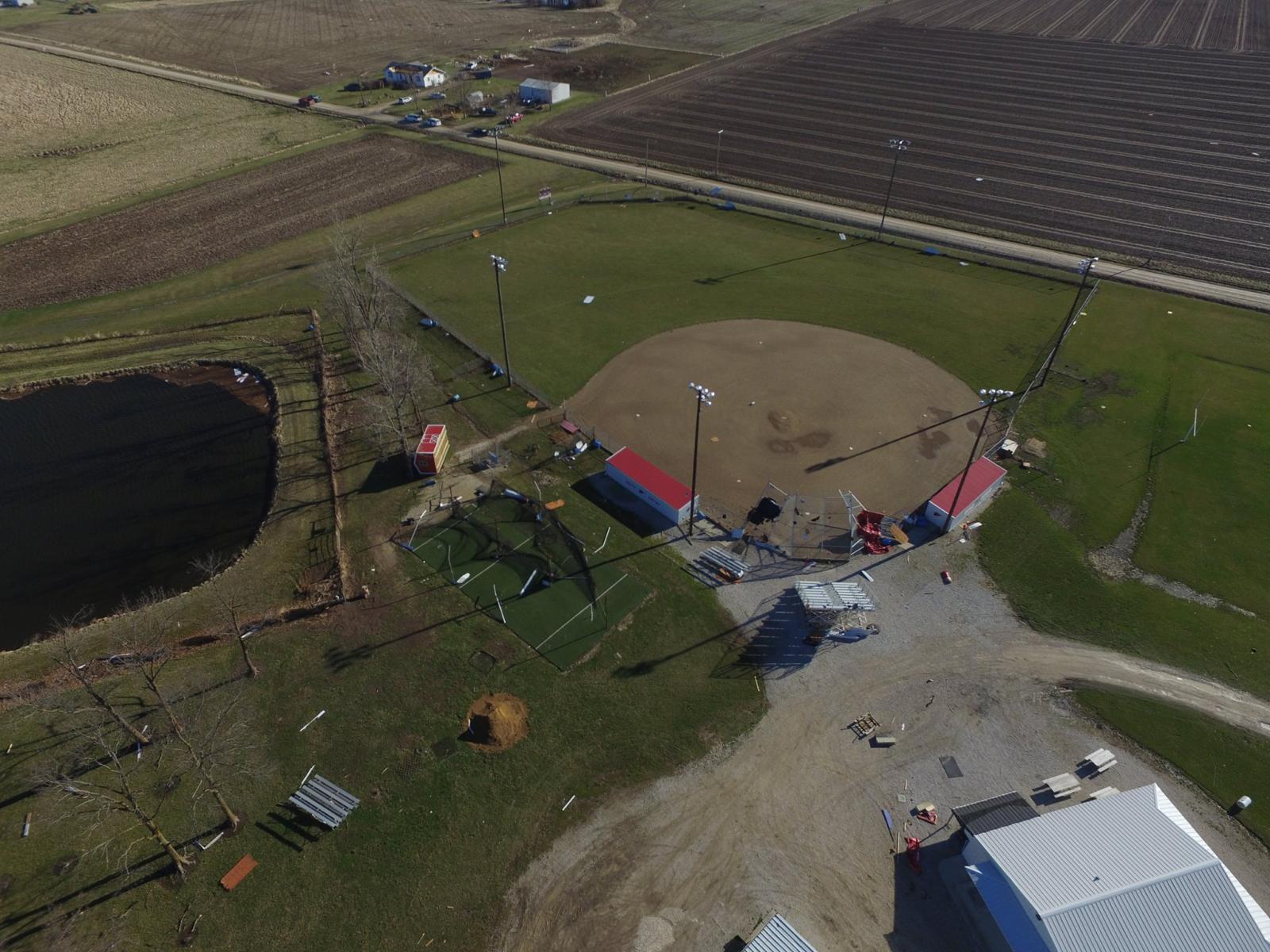 Areal photo of damage to South Shelby High School baseball field damaged.