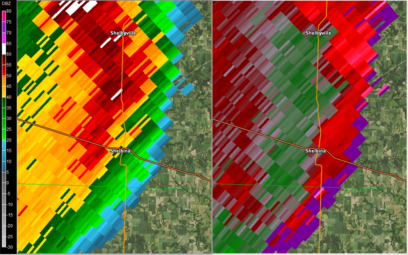 Two panel radar picture of the Shelbina tornado, reflectivity and storm relative velocity.