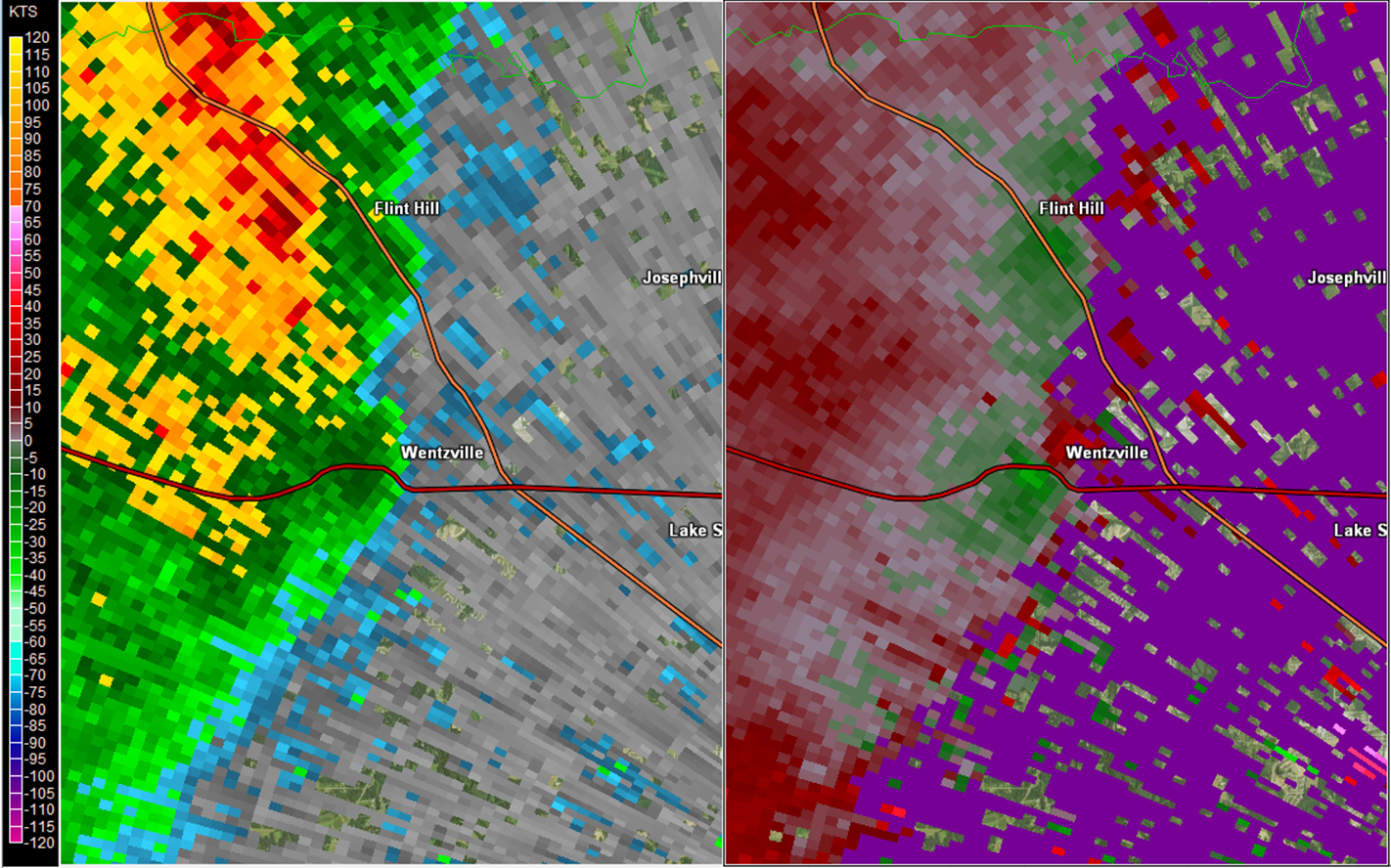 Two panel radar picture of the Wentzville tornado, reflectivity and storm relative velocity.